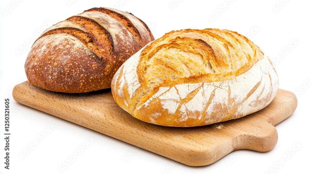 Artisan Bread Loaves on a Wooden Cutting Board Against a White Background Artisan Bread Loaves on a Wooden Cutting Board Against a White Background