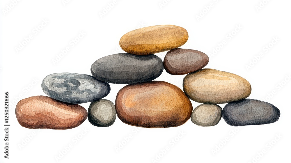 Watercolor Painting Of Smooth Stones In Brown, Gray, And Beige Hues Watercolor Painting Of Smooth Stones In Brown, Gray, And Beige Hues
