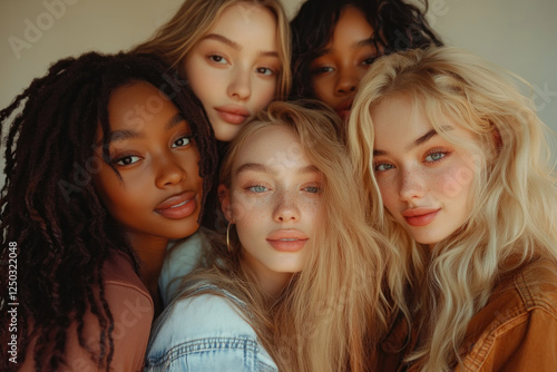 Models with varied hair colors pose together.