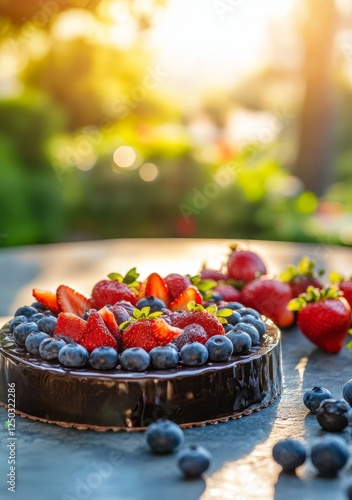 Outdoor dessert display, fruit tart on table, garden background photo