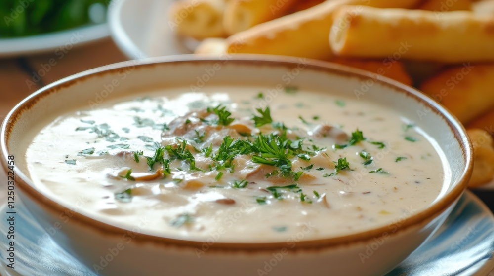 Healthy food concept showing White mushroom soup with parsley and breadsticks, AI generated image Healthy food concept showing White mushroom soup with parsley and breadsticks, AI generated image