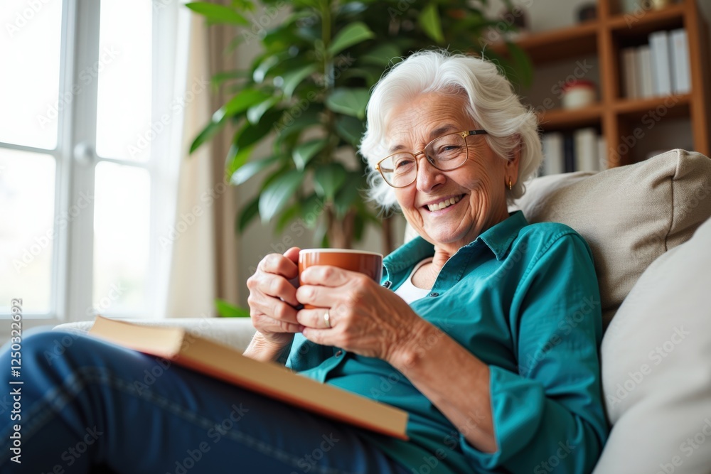 A Joyful Senior Woman Enjoying a Cup of Tea While Reading a Book in a Cozy Living Room Surrounded by Plants and Natural Light A Joyful Senior Woman Enjoying a Cup of Tea While Reading a Book in a Cozy Living Room Surrounded by Plants and Natural Light