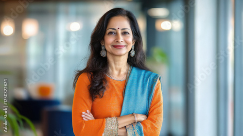 happy middle age woman standing confidently at office