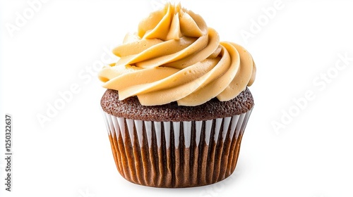 Delicious Chocolate Cupcake Topped with Creamy Golden Frosting on White Background photo