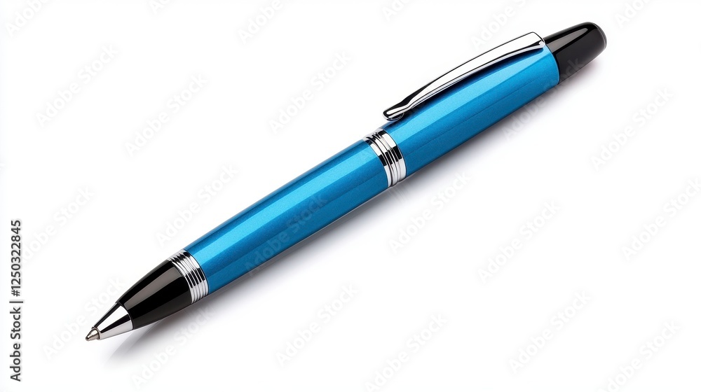 Elegant Blue Metallic Pen Laying on a Clean White Surface Ready for Writing Elegant Blue Metallic Pen Laying on a Clean White Surface Ready for Writing