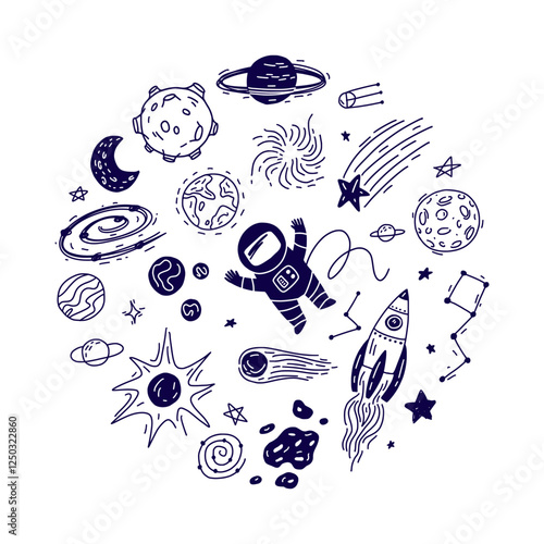 Round vector illustration of spaceship, planets and stars, hand drawn in doodle style.