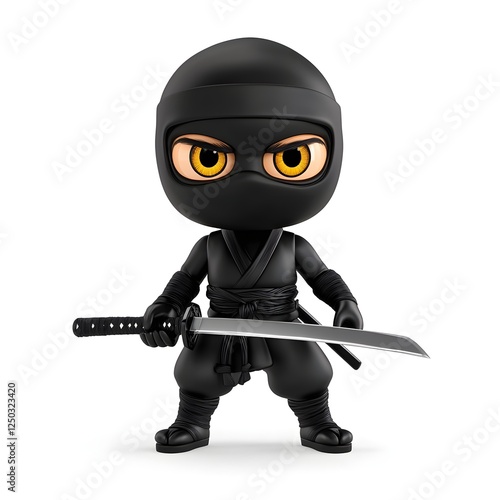 Cartoon ninja character with a fierce expression and sword, dressed in black outfit, standing in a dynamic pose, ready for action and adventure. photo