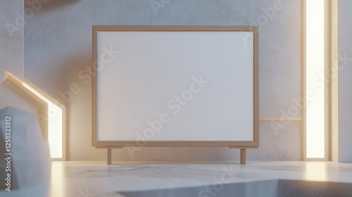 Simple yet sophisticated presentation of a blank white canvas framed in light oak, with soft lighting and an elegant gallery design.