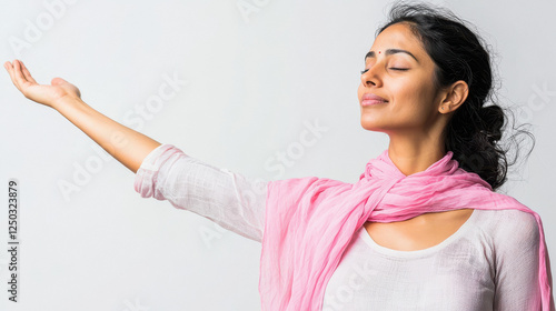 indian woman with a pink scarf around her neck protesting raising her arms on white background
