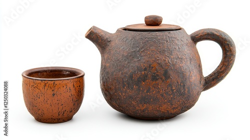 Rustic Brown Ceramic Teapot and Matching Cup on White Background with Textured Surface