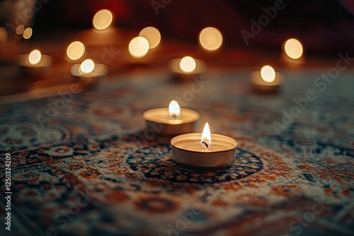 Candles on patterned rug, warm glow, intimate ambiance, background photo