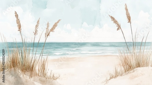 Watercolor Beach Scene with Sea Oats and Soft Pastel Colors Illustration