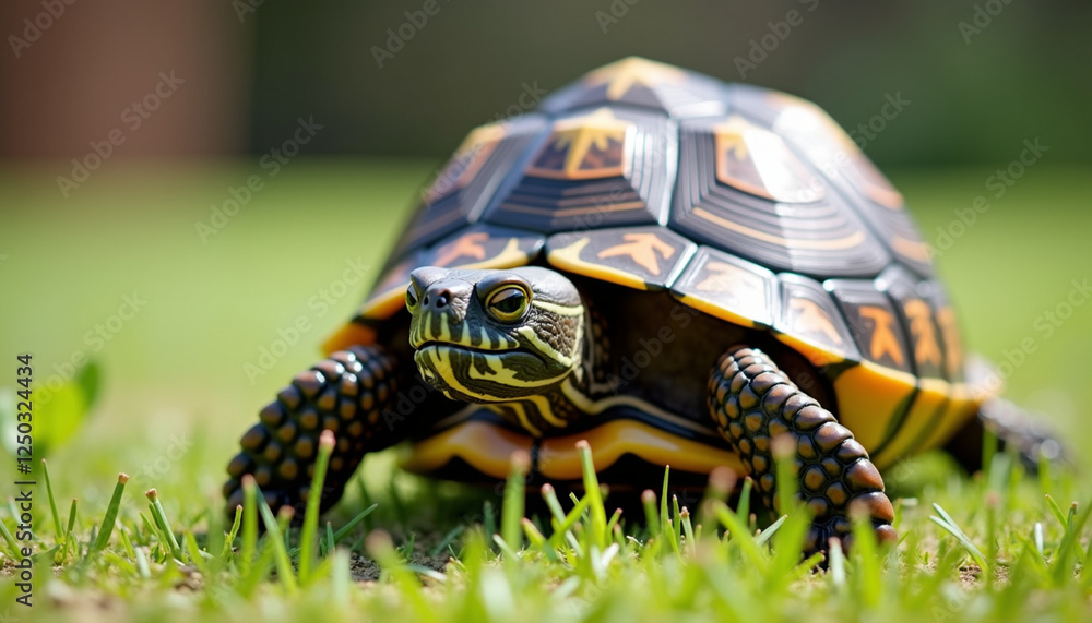Turtle crawling on green grass with a cheerful demeanor in a natural setting
Turtle crawling on green grass with a cheerful demeanor in a natural setting