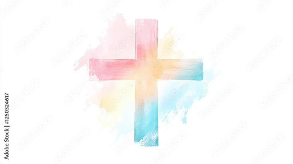 Obraz premium Elegant cross design in soft pastel shades, styled as a minimalist Easter logo on a crisp white background.