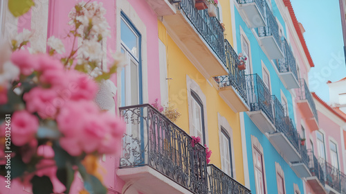 street in Lisbon featuring pink, blue, and yellow buildings with ornate balconies and flowers 