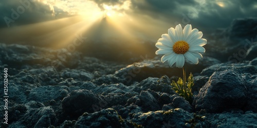 Sunrise Resilience: A Daisy's Triumph Over Volcanic Rock photo