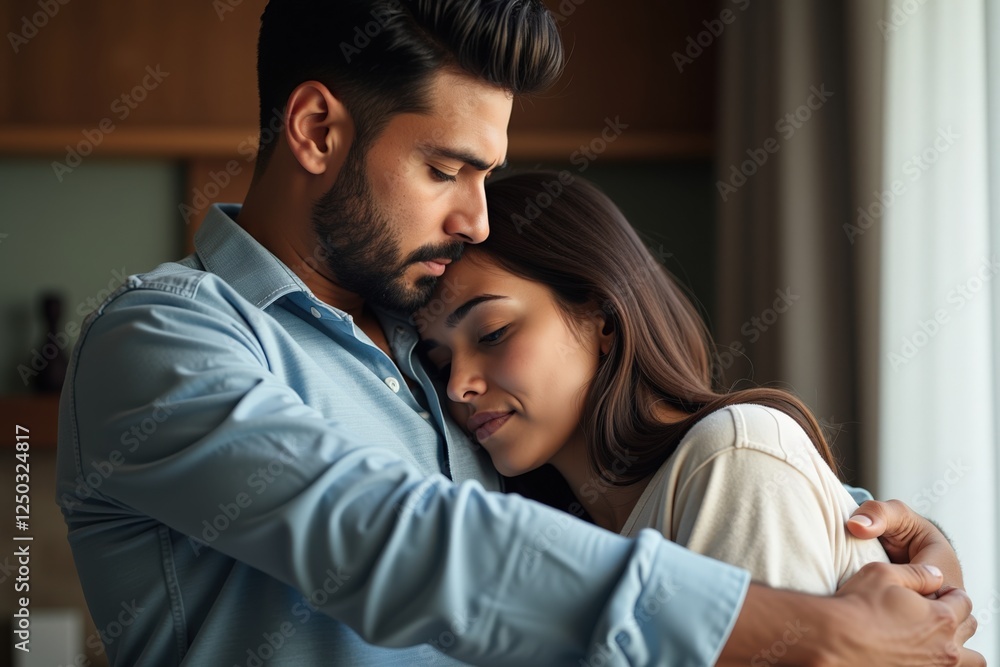 A Tender Moment of Connection Between a Young Couple Embracing in a Cozy Indoor Setting, Capturing Emotion and Intimacy in Their Relationship A Tender Moment of Connection Between a Young Couple Embracing in a Cozy Indoor Setting, Capturing Emotion and Intimacy in Their Relationship