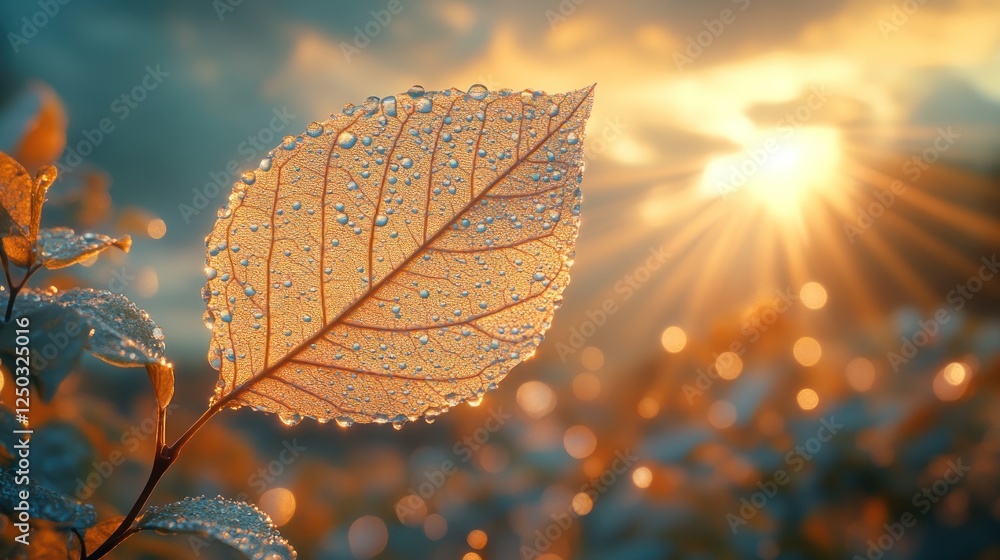 Dewdrops on Autumn Leaf at Sunrise Dewdrops on Autumn Leaf at Sunrise