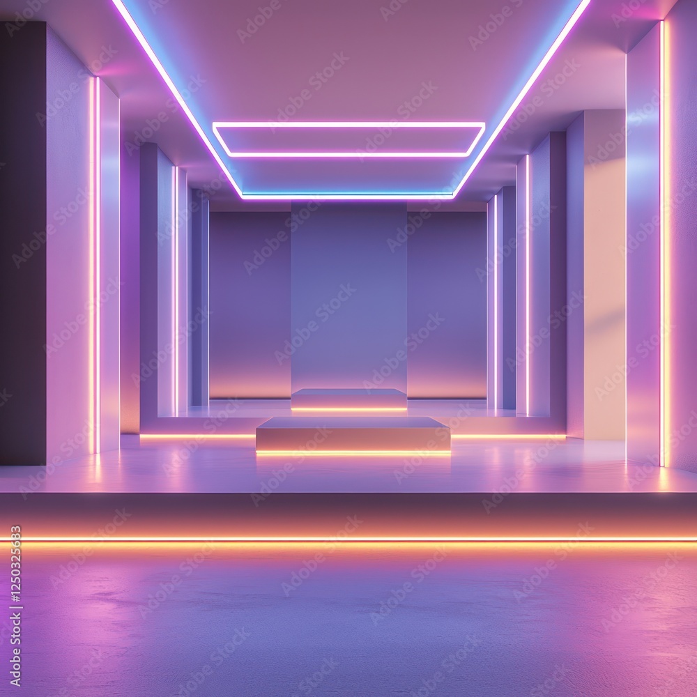 Fototapeta premium Modern room with neon lights and soft lighting, ideal for virtual product showcases in a sleek, minimal space.
