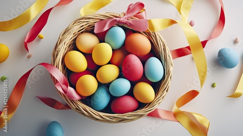 Festive Easter design: a basket of colorful eggs with a ribbon, creating a joyful and modern logo on white.