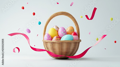 Festive Easter design: a basket of colorful eggs with a ribbon, creating a joyful and modern logo on white.