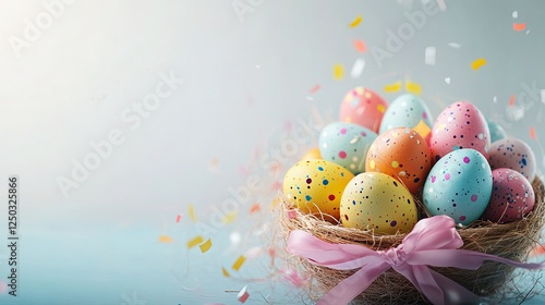 Festive Easter design: a basket of colorful eggs with a ribbon, creating a joyful and modern logo on white.