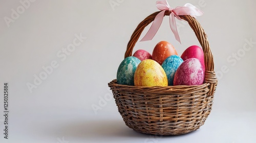 Festive Easter design: a basket of colorful eggs with a ribbon, creating a joyful and modern logo on white.