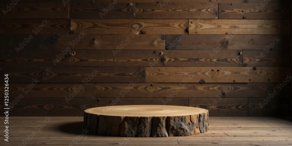 Rustic Wooden Slab Display on Dark Brown Planked Wall Background Rustic Wooden Slab Display on Dark Brown Planked Wall Background