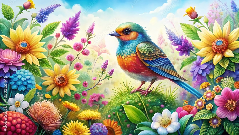Fototapeta premium Whimsical Doodle Bird in a Dreamy Garden - High-Resolution Stock Photo