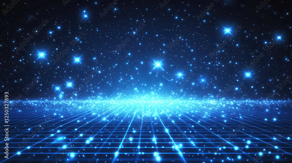Obraz premium Blue digital grid background with glowing stars and particles, a futuristic technology concept