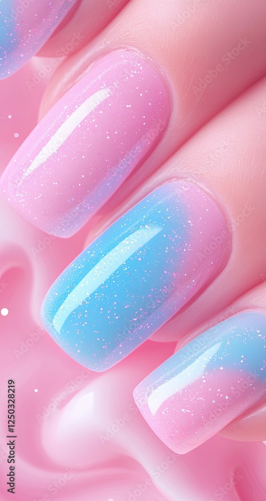 Obraz premium A stunning pastel ombre nail design blending pink and blue shades seamlessly with a glossy, sparkling finish. Ideal for beauty advertising, social media content, and nail salon promotions.
