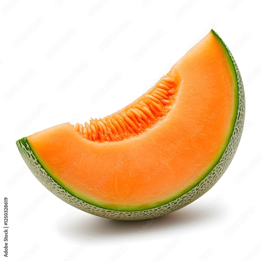 Fresh cantaloupe slice on white background showcasing vibrant orange flesh and textured rind, perfect for healthy food concepts and summer recipes Fresh cantaloupe slice on white background showcasing vibrant orange flesh and textured rind, perfect for healthy food concepts and summer recipes