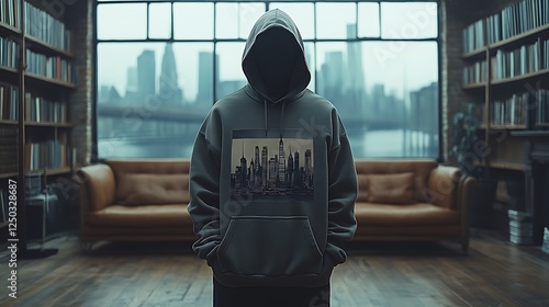 Hooded figure, NYC skyline print, library, city view