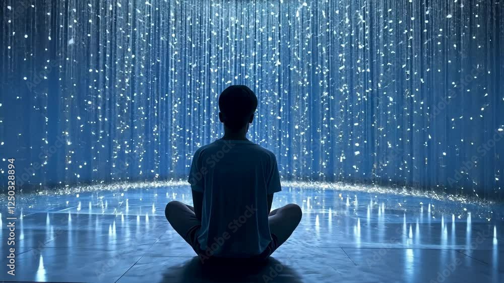 Person meditating alone in a serene blue-lit space surrounded by cascading lights Person meditating alone in a serene blue-lit space surrounded by cascading lights