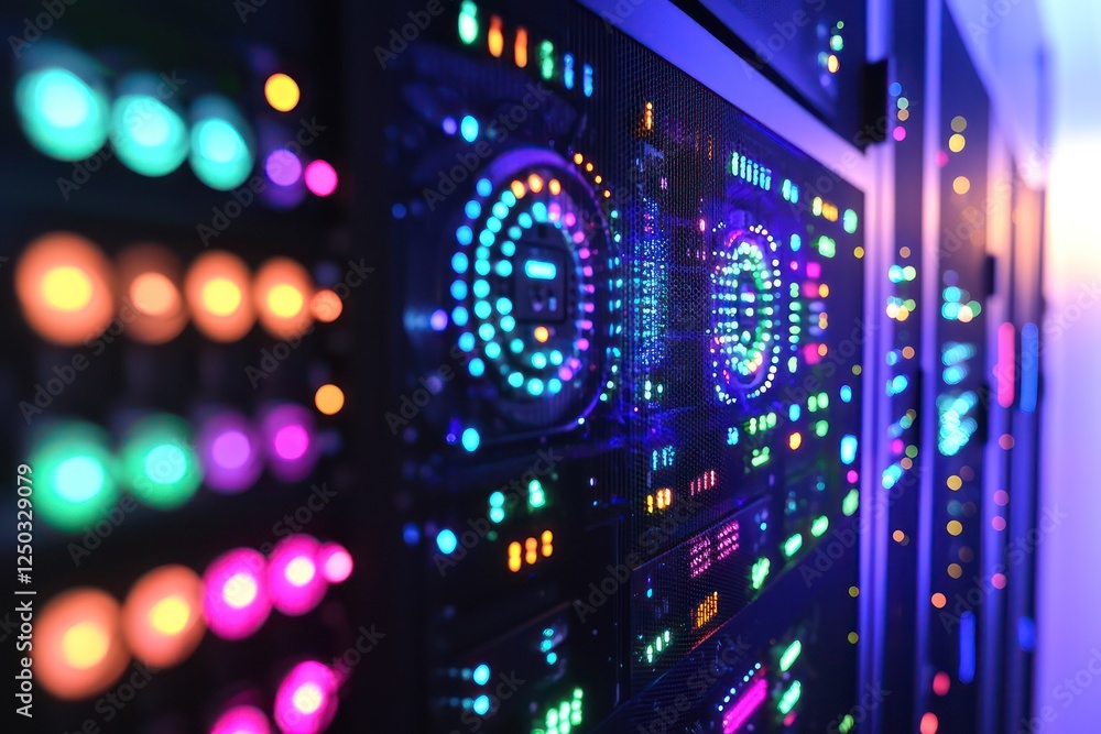 Visual LED indicators in a server room display operational status. Visual LED indicators in a server room display operational status.