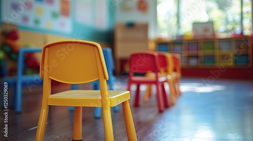 A blurred image of a colorful kindergarten classroom with small chairs and toys creates an inviting, cheerful environment for children. 