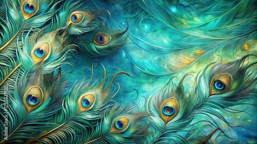 Muted metallic hues blending with iridescent peacock feathers against a swirling turquoise canvas, evoking an air of mystique and opulence, Modern Turquoise, Luxurious abstract background