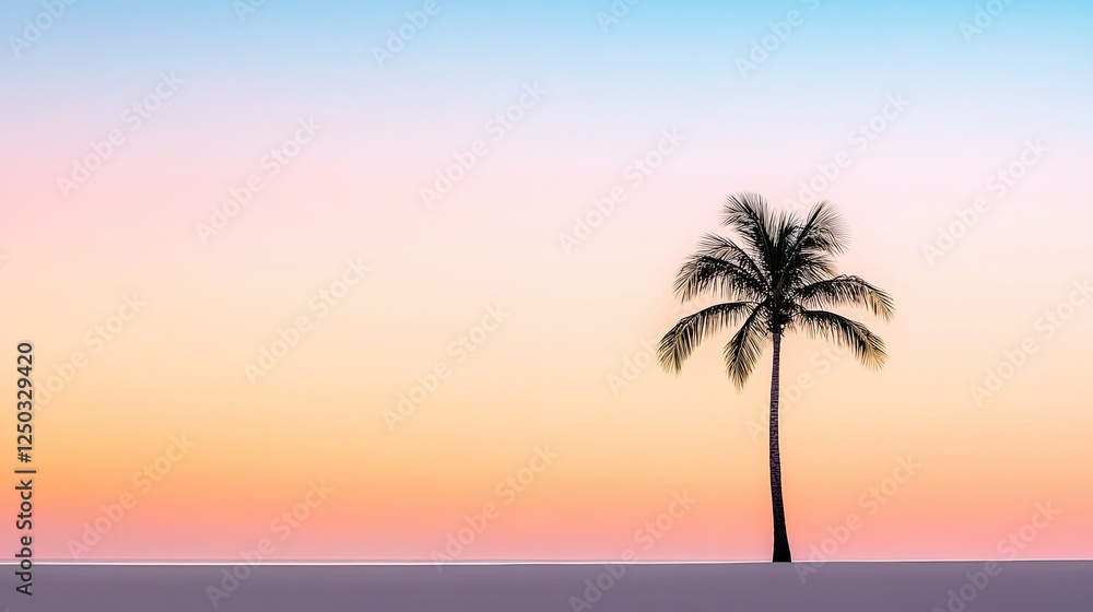 Fototapeta premium Minimalist design: a lone palm tree silhouetted against a soft gradient horizon, evoking tropical and summer vibes.