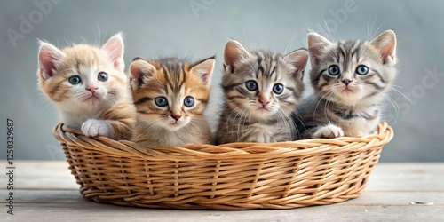 Four little kittens playing with yarn and strings in a wicker basket, feline ...