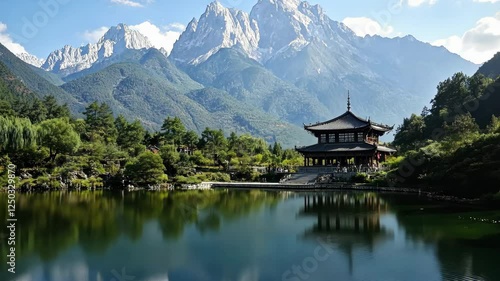 Tree-lined Chinese garden landscape