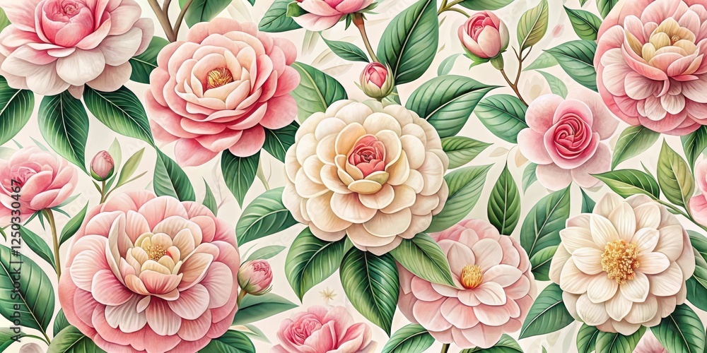 Delicate camellia flowers and leaves in a seamless pattern Delicate camellia flowers and leaves in a seamless pattern