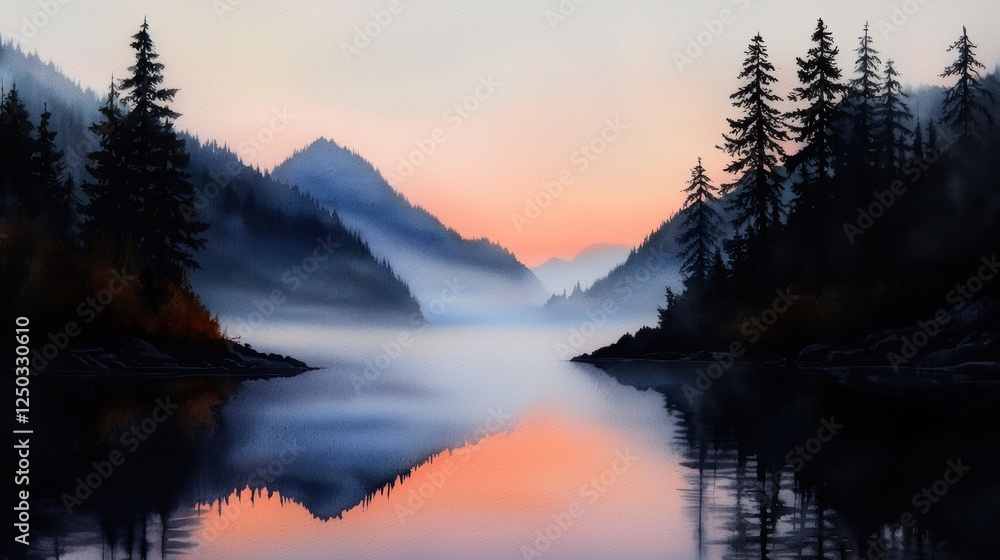 Serene twilight landscape with misty mountains and reflective lake at dusk, evoking tranquility Serene twilight landscape with misty mountains and reflective lake at dusk, evoking tranquility