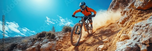 Extreme Mountain Biking Adventure: Thrilling Descent on Dusty Trail