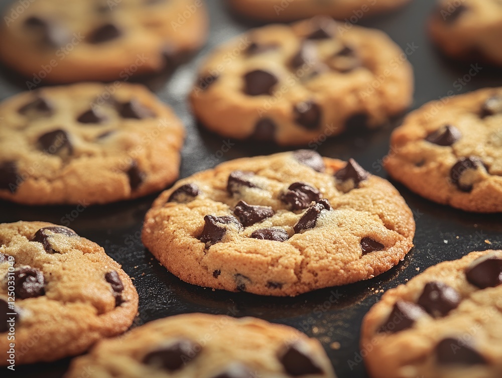 Freshly Baked Chocolate Chip Cookies on a Dark Baking Sheet Ready to Eat Freshly Baked Chocolate Chip Cookies on a Dark Baking Sheet Ready to Eat