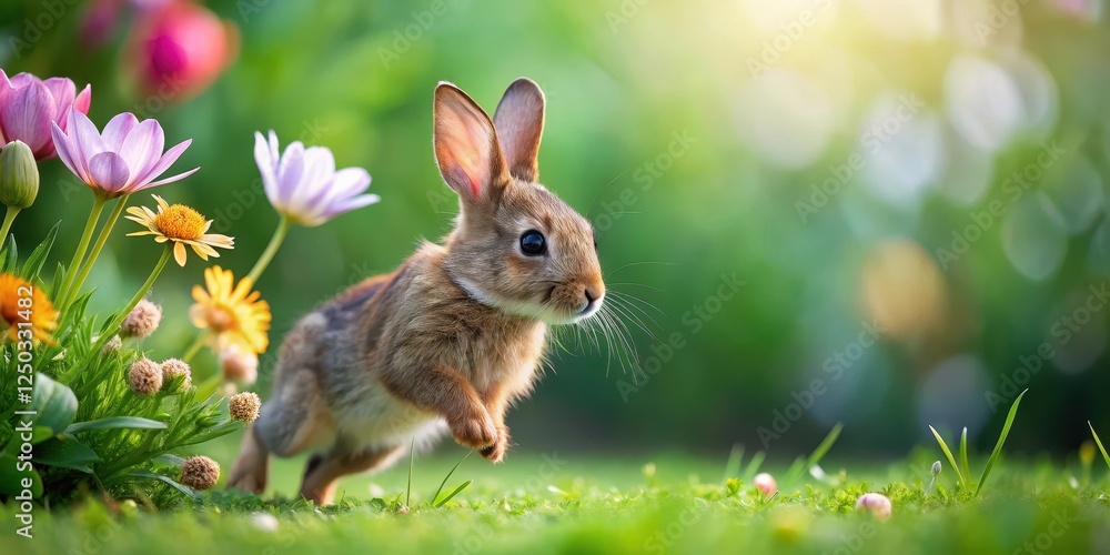 Fototapeta premium Adorable Bunny Hops Near a Blooming Flower , animal, garden, animal