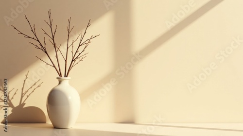 Serene Minimalist Still Life Dried Branches in a White Vase, Illuminated by Soft Sunlight Casting Gentle Shadows on a Pale Yellow Wall