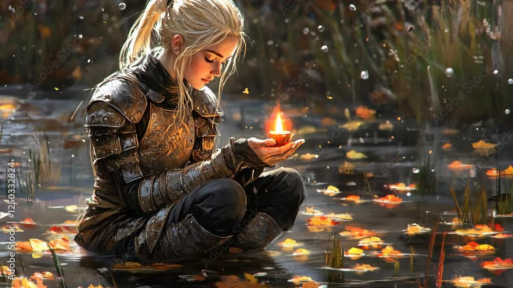 Warrior woman in armor sitting by a serene lake, holding a flame surrounded by autumn leaves Warrior woman in armor sitting by a serene lake, holding a flame surrounded by autumn leaves