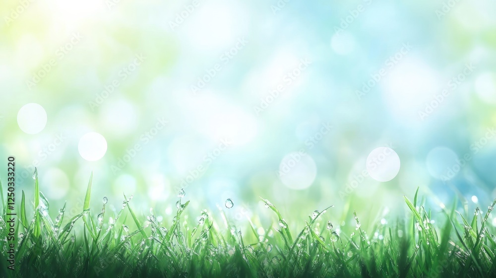 Obraz premium Fresh Spring Morning Dew on Grass Blades with Soft Bokeh Background
