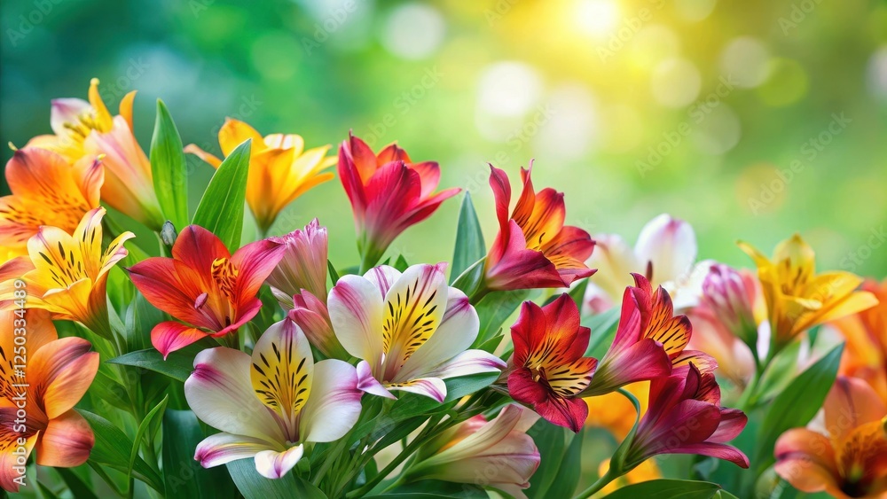 Fototapeta premium Colorful Blooming Alstroemeria Flowers on Green Background , colorful blooms