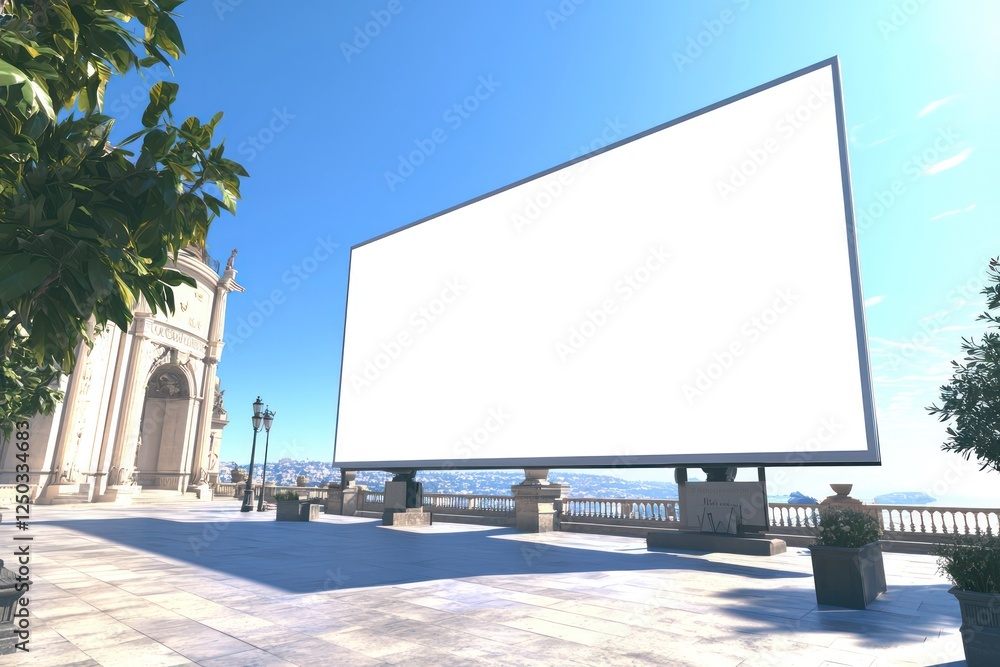White blank billboard outdoors with a clear blue sky in the background, perfect for promotional announcements. White blank billboard outdoors with a clear blue sky in the background, perfect for promotional announcements.